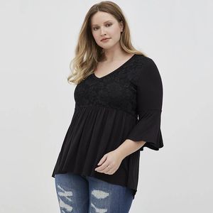 Tops de talla grande para verano y primavera, elegante túnica a la moda, Top de mujer con manga de cuartos, blusa negra lisa con retazos de encaje, talla grande 6XL para mujer