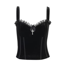 Ruibbit Vintage dentelle garniture noir Camis gothique croix Sexy dos nu Corset hauts Goth esthétique velours nœud fermeture éclair basique culture hauts