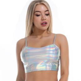 Tops sexys reflectantes para mujer, Bralette, Top corto holográfico, camiseta sin espalda con tirantes ajustables, camiseta sin mangas, ropa para discoteca