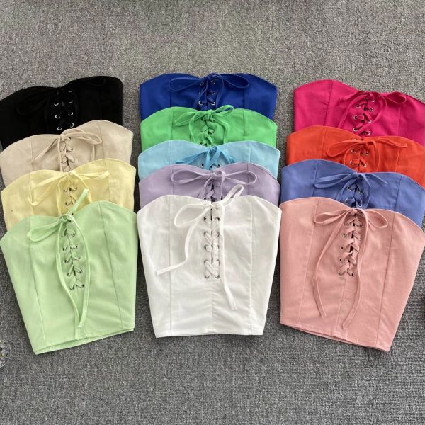 Hauts sans bretelles bustiers femmes Corset haut coréen femme t-shirt recadrée poitrine liant Sexy cordon Cami Y2k vêtements livraison directe