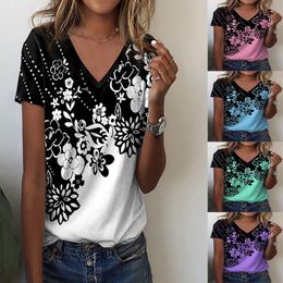 Tops T-Shirts Tee Manches Courtes Chemisier Femme Col V Floral Casual Summer Fashion
