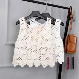 Tops Women Hollow Out Crochet Breide Boheemse mouwloos vest crew nek bloemenpatroon cami shirt strandkleding crop top dropshipping