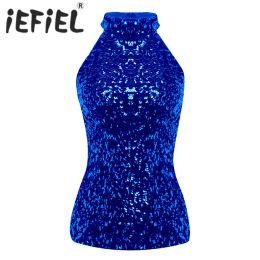 Hauts Femmes Dames Gilet Sans Manches Débardeurs Mode Shimmer Flashy Paillettes Embelli Halter Cou Halloween Clubwear Rave Costumes