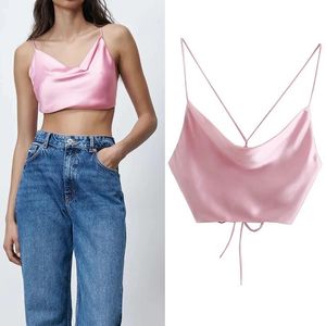 Tops vrouwen zomer 2021 sexy backless crop top vrouwelijke roze satijnen mouwloze buis dunne riem vrouw rode bijgesneden tank camis