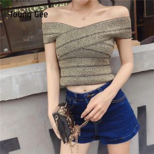 Tops Young Gee Sexy Slash cou épaules dénudées hauts femmes 2019 été débardeur Fitness Bralette Bustier Croptop Streetwear femme