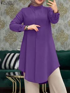 Tops ZANZEA Vintage élégant élégant chemise ample femmes Baggy chemisier musulman à manches longues col rond couleur unie hauts automne vêtements islamiques