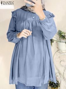 Tops ZANZEA Vrouwen Mode Herfst Vintage Shirt Elegant Solid Dubai Turkije Abaya Tops Party Blusas Lange Mouw Ruches Moslim Blouse