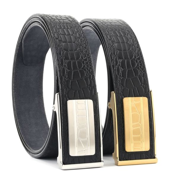 TopSelling 3.5cm ceintures noires pour hommes édentées et non poreuses pâte d'arbre de qualité automatique couche supérieure ceinture en cuir de vache avec ceinture à boucle en acier inoxydable