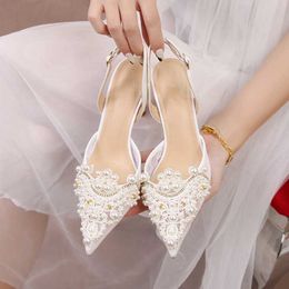 Topselling Women's Fashion Classic Luxury Sandals 2022 White Wedding Lace Shoes Mode Feest Pearl Hoge hakken voor Girl Princess Shoes