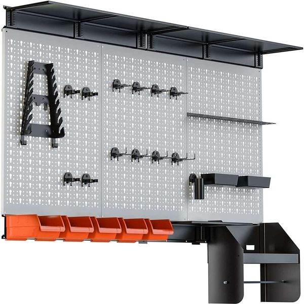 Organizador de tablero perforado TORACK de 4 pies.Kit de almacenamiento de herramientas de metal para garaje con accesorios de ganchos para tablero de herramientas, contenedores montados en la pared, soporte para toallas de papel, estante superior