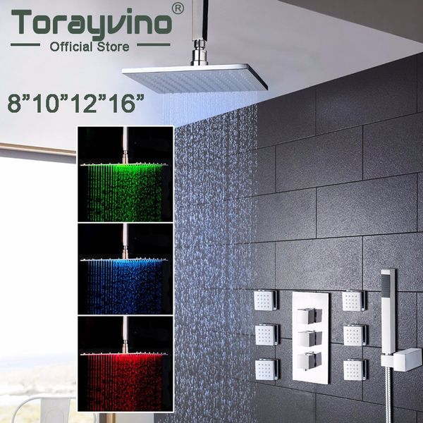 Salle de bain Torayvino 8 10 12 16 pouces LED Chrome Douche Chrome Faucet Thermostatic Valve Mixer Tap w / 6 Message Jets Shower Sett