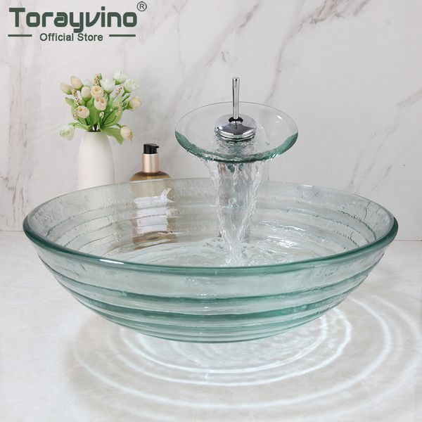 Torayvino Baño Fregadero de fregadero de baños Cascada cromado grifos pulidos agua redonda redonda de vaso de vidrio templado transparente fregadero