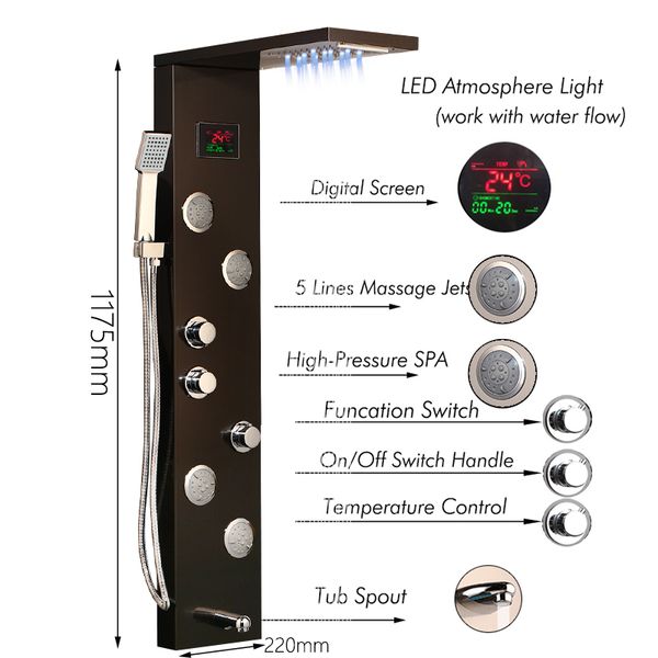 Torayvino LED Light Shower Shower Set Massage Jets pulpleer Hot Cold Mixer Control Valve de douche à main