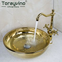 Torayvino Luxury Room de salle de bain Round Gold Bol Bowl Sinks Basins Vesseaux lavabos pour lavabo en céramique Sinon + mélangeur
