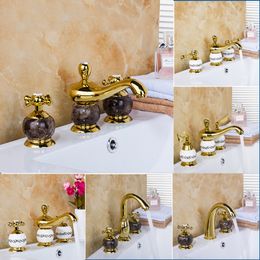 Torayvino luxe dek gemonteerd mixer keramisch goud marmer tikken waterval 3 stuks badkamer badbad bekken bekken messing kraan set