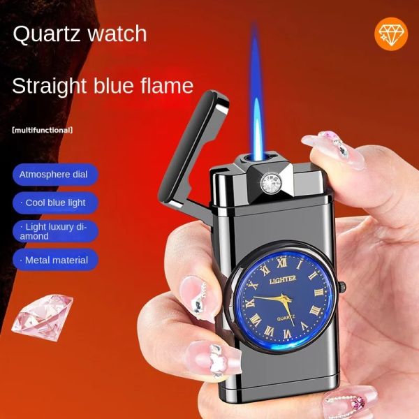 Briquet torche à gaz avec une montre, Portable, flamme bleue, gaz Butane, métal coupe-vent, allume-cigare inhabituel, Gadget