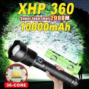 Torches 10000mAh Powerful XHP360 USB Recharge Flashlight 18650 26650 LED Flashlight Zoom Torch IPX65 Tactical Lantern Camping Hand Lamps Q231130