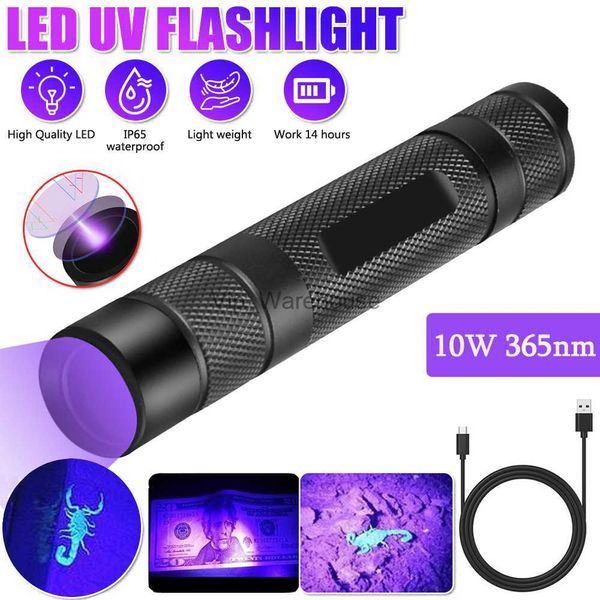 Torches 10W 365NM lampe de poche UV professionnelle violet LED ultraviolets Mini lanterne 1-Mode torche à lumière noire lampe UV rechargeable par 18650 HKD230902