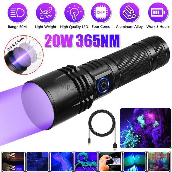 Torches 20W UV lumière noire 365nm lampe en bois USB rechargeable filtré LED lampe de poche ultraviolette pipi pour animaux de compagnie roches d'urine détecteur d'argent HKD230902