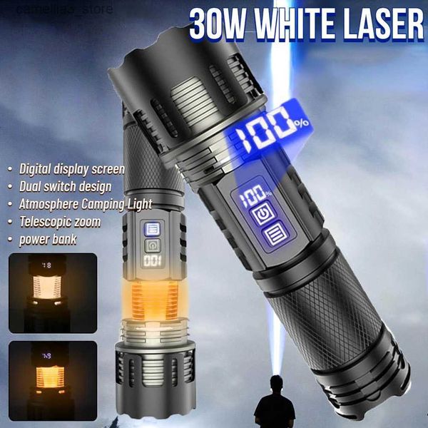 Torches 30W Laser blanc LED lumière forte longue distance lampe de poche télescopique Zoom projecteur affichage numérique torche Portable extérieure Q231013