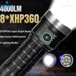 Torches 4000LM Super lumineux 8 * XHP360 lampe de poche LED torche de secours extérieure 5 Modes rechargeable randonnée Camping lampe de poche tactique Q231130