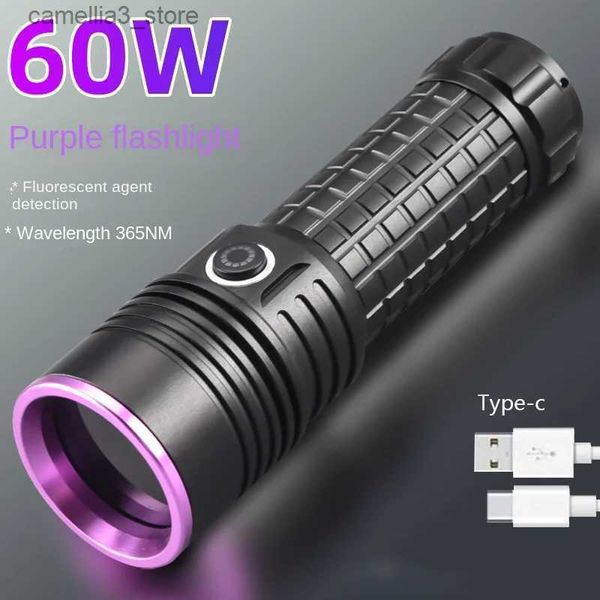 Torches 60W 365NM lampe de poche UV haute puissance type-c Rechargeable Portable étanche 26650 Uv torche linterna ultravioleta Q231130