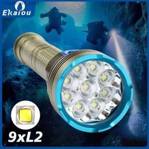Zaklampen 9 LED L2 Wit/geel licht Duikzaklamp 150M Onderwater Waterdicht 26650 Tactiek Duiklamp Speleologie Onderwatervisserijlamp Q231130