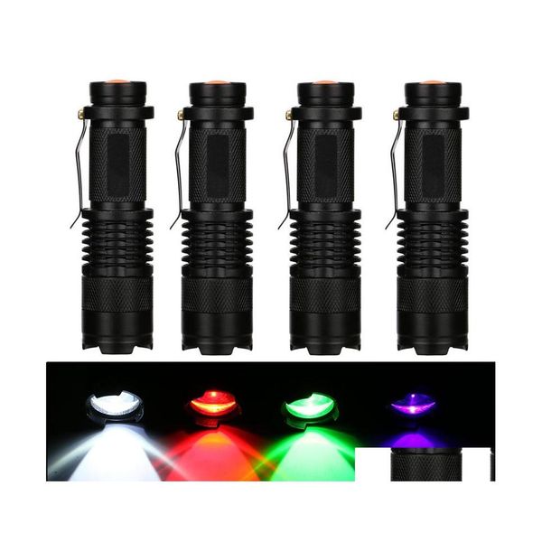 Torches Lampe de poche LED éclairage 3 Modes Zoomable lampe torche tactique pour détecteur de chasse de pêche violet vert rouge blanc goutte Ot3B2