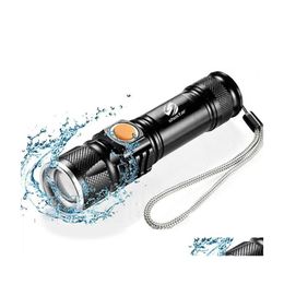 Torches Powerf LED lampe de poche avec queue tête de chargement USB Zoomable torche étanche lumière portable 3 modes d'éclairage batterie intégrée Dhesa
