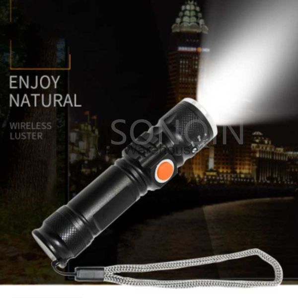 Torches Puissante lampe de poche LED lampes de poche tactiques rechargeables USB intégrées 18650 étanche Zoom pêche chasse LED Flashlight HKD230902