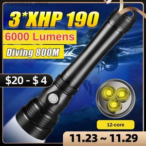 Torches Lampe de poche de plongée professionnelle 3 * XHP190 lanterne rechargeable haute puissance lampe de plongée étanche lampe torche sous-marine extérieure Q231130