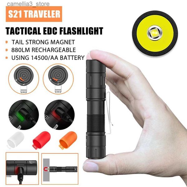 Torches S21 Traveler 14500 EDC lampe de poche tactique USB C torche Rechargeable avec pince à stylo lumière de poche lanterne de Camping d'urgence extérieure Q231130
