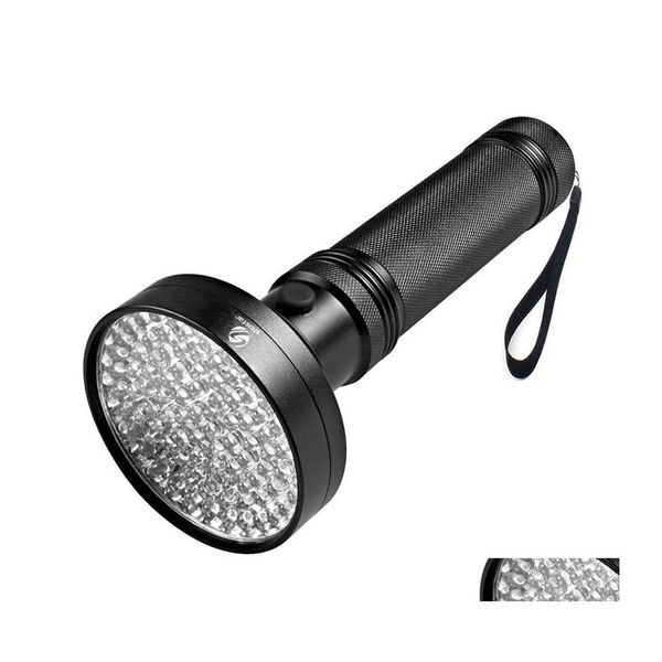 Torches Lampe de poche UV 100 LED 395 Nm Détecteur de lumière pour chien Chat Urine Taches d'animaux de compagnie Punaises de lit Scorpions Hinery Fuites Inspection Drop de DH04V