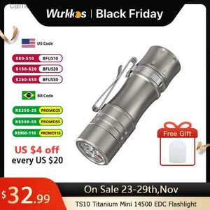Torches Wurkkos-TS10-Titanium Mini lampe de poche puissante 14500 EDC avec 3 * 90 LED CRI et LED RVB Aux 1400LM Torche d'auto-défense de poche Q231130