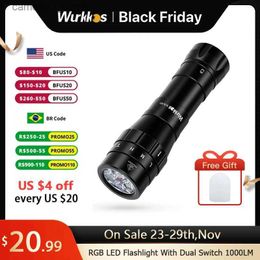 Zaklampen Wurkkos-WK40 RGB LED 21700 zaklamp met dubbele schakelaar 1000LM 4 * SST20 USB C IP68 met alarmflits Kamperen Wandelen Omgevingslicht Q231130