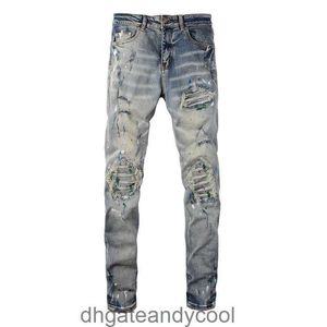 Torn Man Denim wash amirres splash-inkt Jeans jeans heren Designer Broek lichtblauw in oude ins stijl high street slanke stretch show skinny leg broek WQ4H