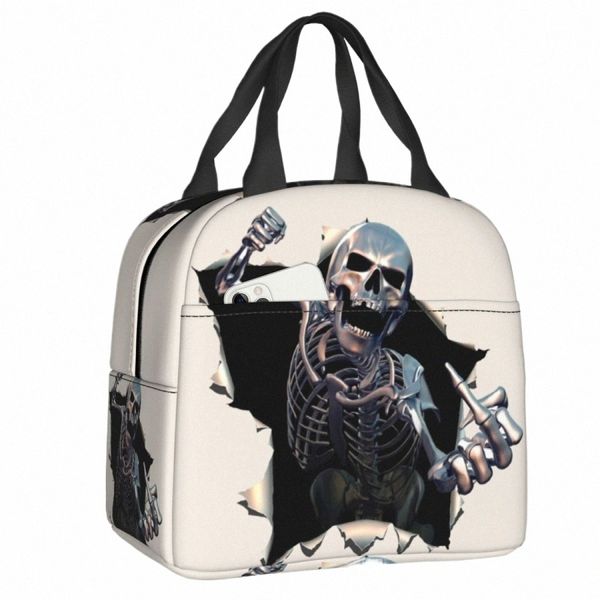 Cráneo de metal rasgado Bolsa de almuerzo con aislamiento Bolsa de asas gótica Skelet Resuable Cálido Enfriador Bolsa de almuerzo térmica Comida de picnic Ctainer Tote r2iU #