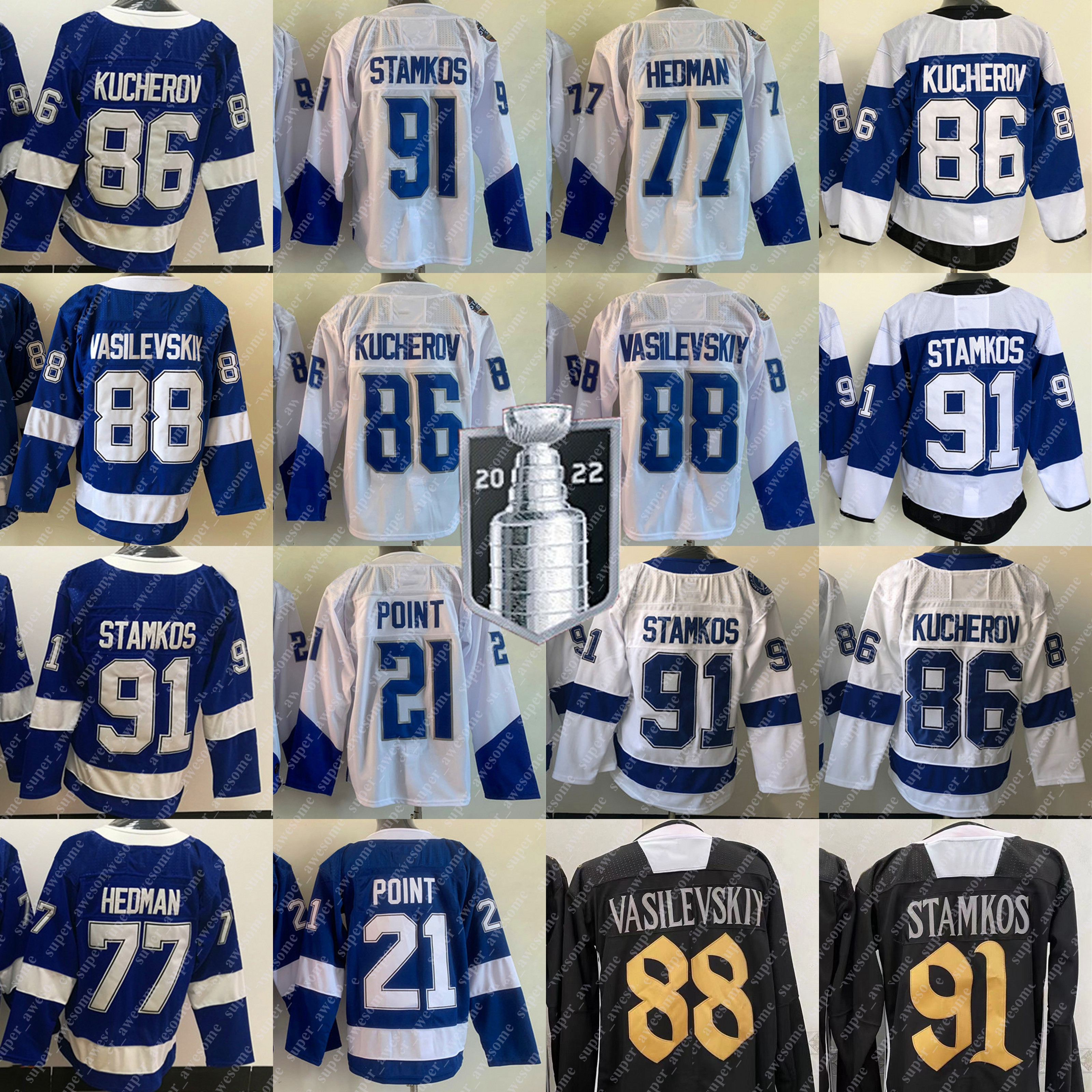 2022 Finale Nikita Kucherov Jersey 21 Brayden Point 77 Victor Hedman Andrei Vasilevskiy 91 Steven Stamkos 14 Patrick Maroon Maglie da hockey Blue White Stitched