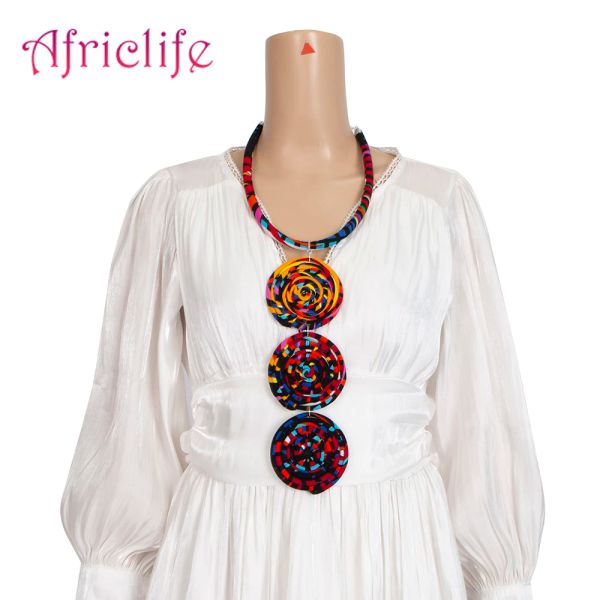 Collar largo africano Torques para mujer con 3 discos, tela de cera de algodón 100%, collar étnico africano Tribal, joyería llamativa WYB779