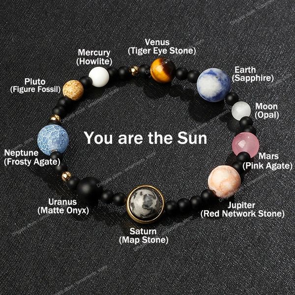 Pulsera del sistema solar de la galaxia Hombres Universo Nueve planetas Piedra natural Estrellas Tierra Luna Pulseras para mujeres Joyería de pareja de moda Joyería de modaPulseras solares