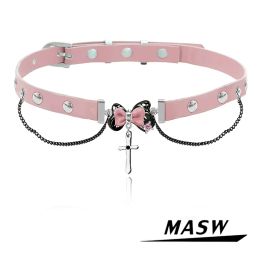 Couples MASW Design Original 2023 Tendance Nouveaux Bijoux En Verre Bowknot Rose PU Collier Ras Du Cou Pour Femmes Fille Cadeau De Fête Accessoires De Mode