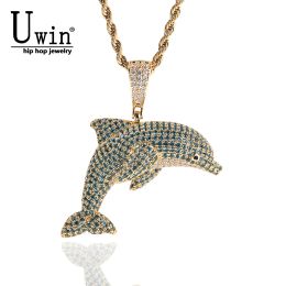 Couples Uwin – pendentif dauphin glacé pour femmes, réglage de griffes, zircone cubique, collier à breloques à la mode, bijoux Hip Hop