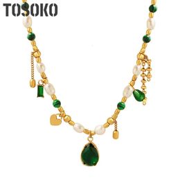 TOSOKO Joyería de acero inoxidable Turquesa Perla de agua dulce Empalme Collar colgante Mujer Elegante Cadena de clavícula BSP1219 240311