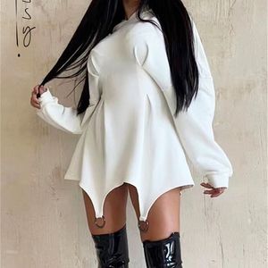 Gooi mode Hooded voor vrouwen witte taille wrap bodycon mini veer lange mouw hoodies sweatshirt jurken 220811