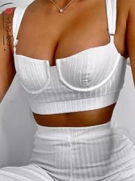 Gooi mode geribbeld tweedelig pak vrouwen sets mouwloze tanktop en breedbeenbroek set witte vrouwelijke casual streetwear 220511