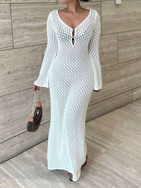 Tossy blanc tricot mode couvrir Maxi femme transparent col en v évider plage vacances tricots robe dos nu