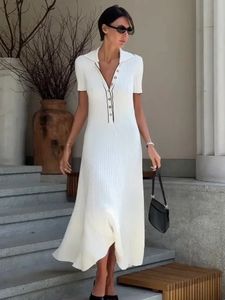 Tossy Witte Gebreide Mode Maxi-jurk Voor Dames Korte Mouw Patchwork Elegant Feest Revers Hoge Taille Gebreide Dames 240111