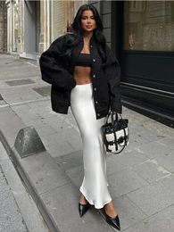 Tossy Wit Satijn Hoge Taille Lange Rok Vrouwelijke Elegante Slanke Patchwork Mode Streetwear Dames Solid Herfst Casual Maxi 24030