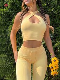 Gooi Women Solid Halter Crop Tops en High Taille Drawring Sport Lange broek 2 stuks Set Short Pants Fitness Outfits Yoga Suit 220511