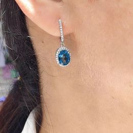 Totaal 2ct London Blue Topaz Drop Earbrings 6mm*8mm Natural Topaz Jewelry Classic 925 Silver Gemstone Harddrop voor feest 240402